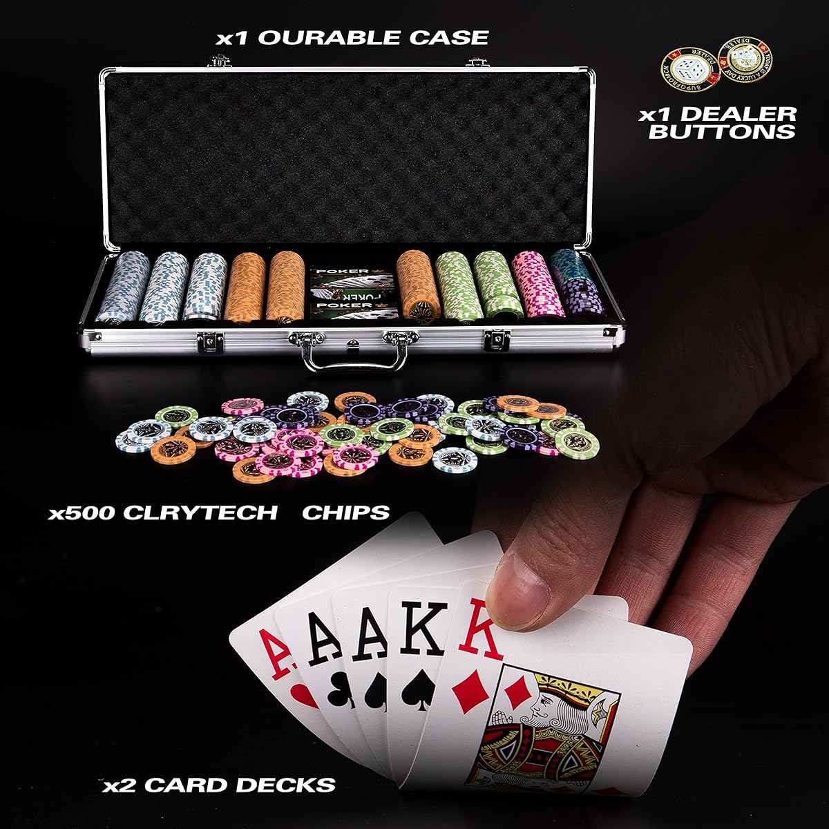 500 Piece Professional Poker Chip Set 14g Composite Poker Chips Aluminum Durable Carrying Case Playing Cards Dealer Buttons for Texas Hold'em Casino Games