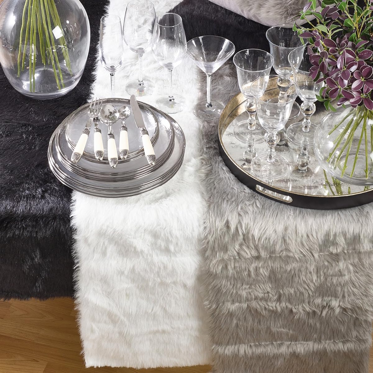 Occasion Gallery Grey Faux Fur Winter Holiday Table Runner, 15" x 72", Rectangle