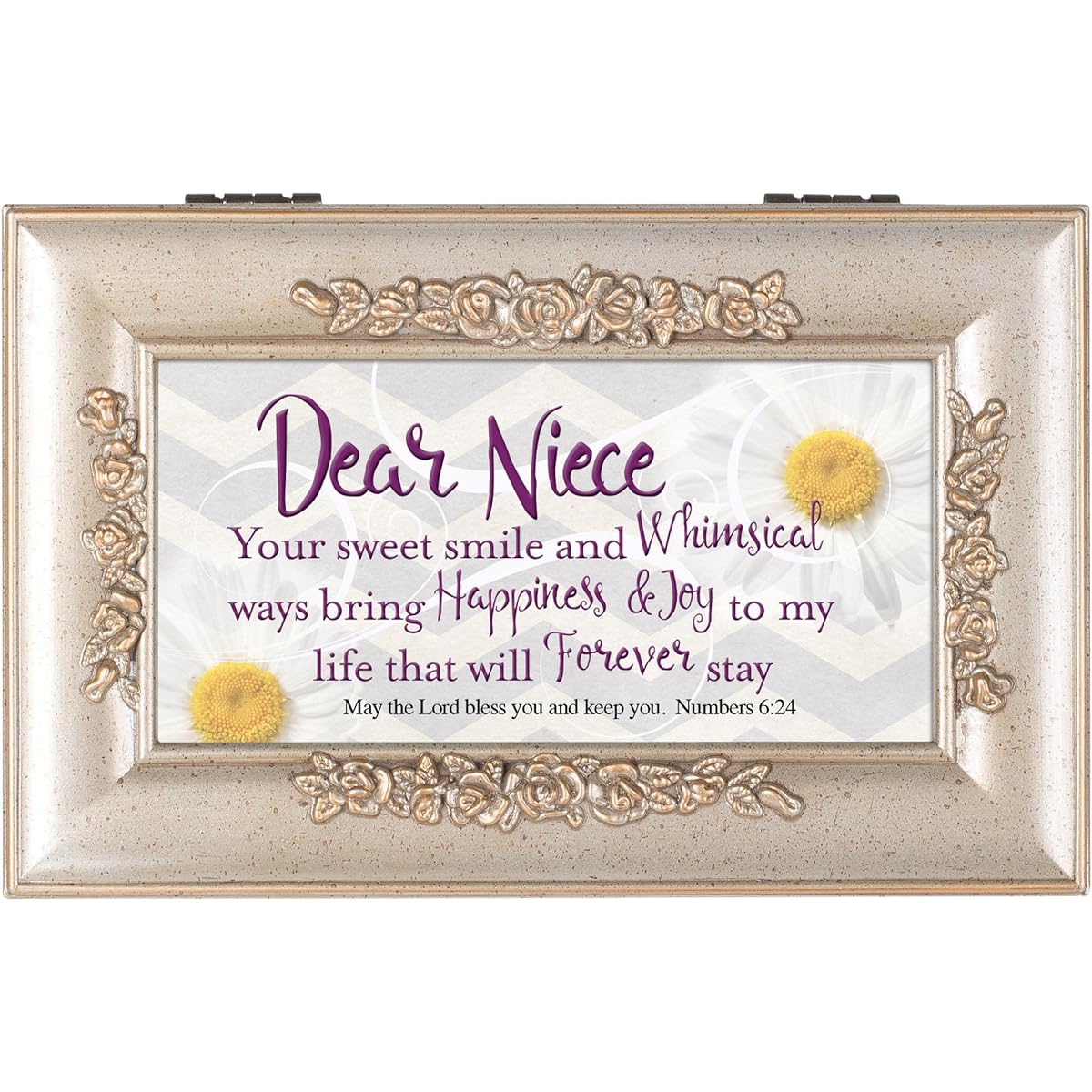 Sweet Girl Special in Every Way Champagne Silver Tone Petit Rose Music Box Plays Amazing Grace
