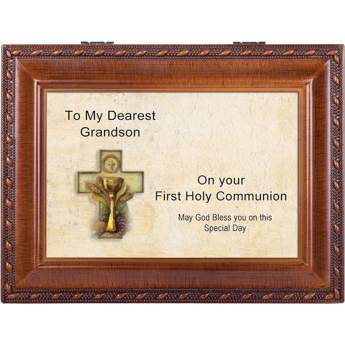 Cottage Garden First Communion Grandson Woodgrain Music Box/Jewelry Box Plays Light Up My Life