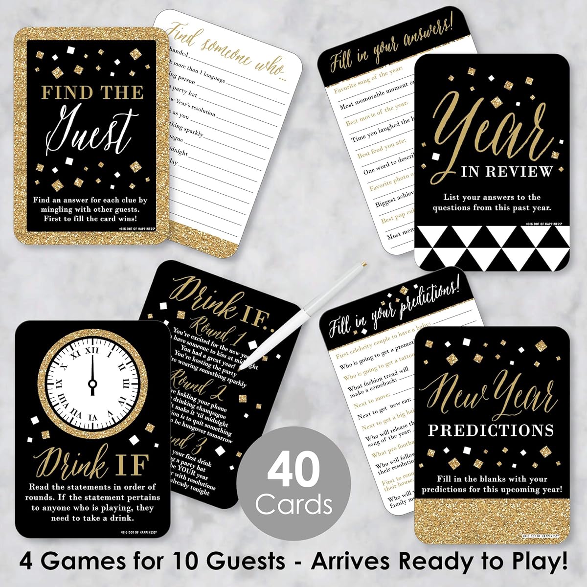 Big Dot of Happiness New Year's Eve - Gold - 4 New Year's Eve Party Games - 10 Cards Each - Year in Review Try to find your guests