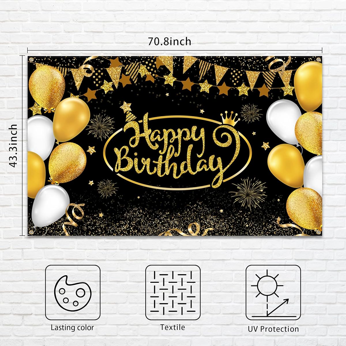 Black & Gold Happy Birthday Backdrop Banner Decoration Large Balloon Fireworks Sign Poster Photography Background Birthday Party Supplies 70.8 x 43.3 Inch