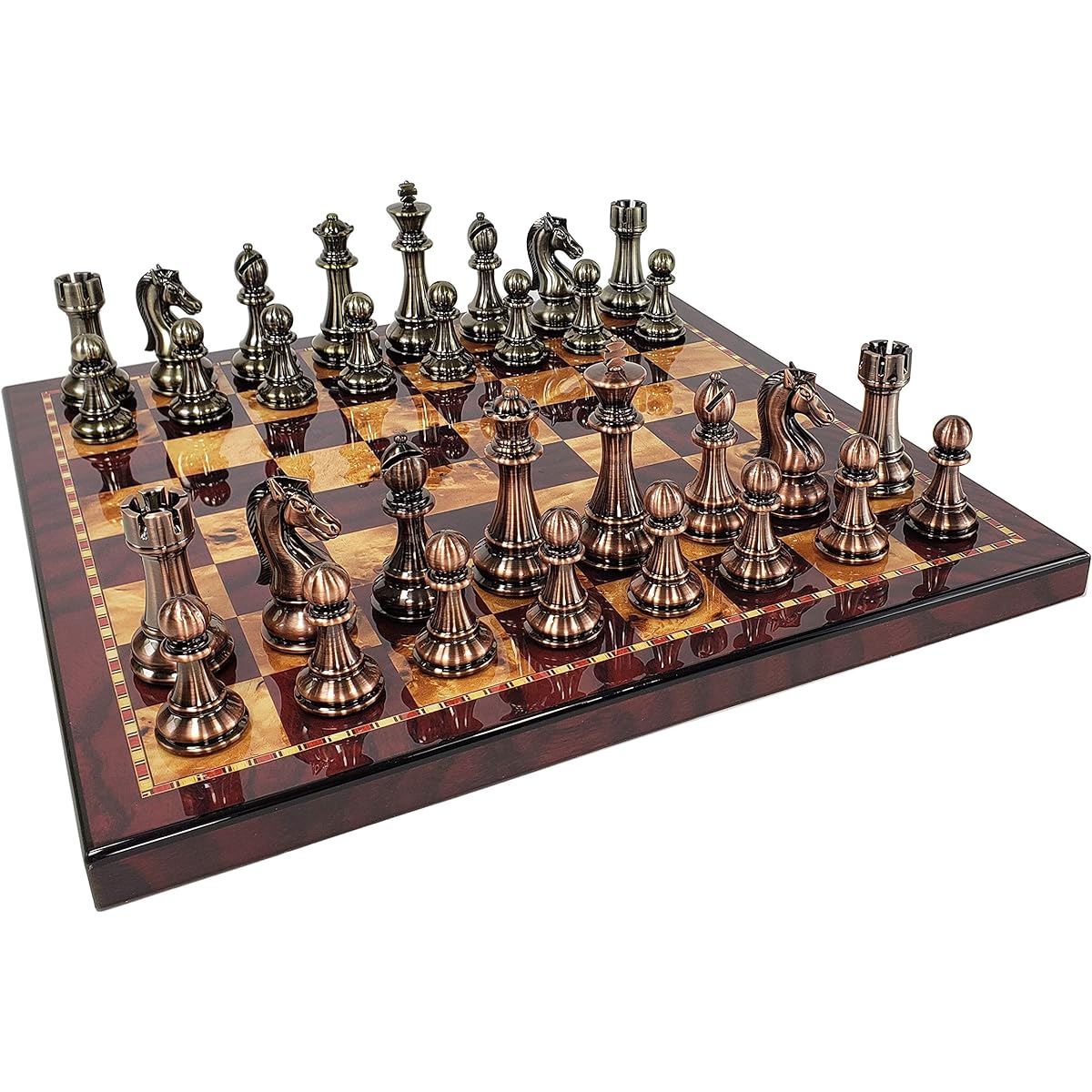 Large 4 3/8" King Copper & Gold Finish Stanton Chess Set 18" Cherry Color Board