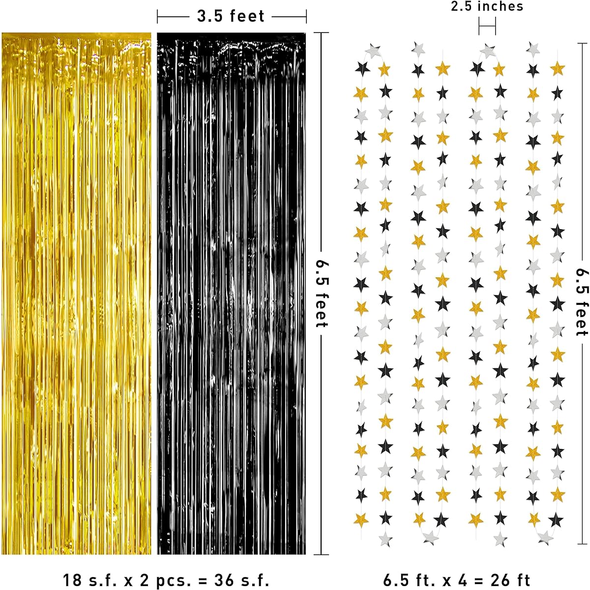 Gold Black Silver Tinsel Foil Fringe Curtain Backdrop Star Garland Kit Party Decoration Graduation NYE New Year Birthday Wedding Retirement Anniversary Party Supplies