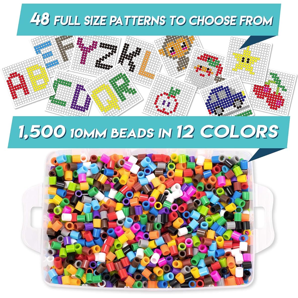 Fuse Beads Kit Large 10mm Melty Beads 1500 Pieces Ages 4-7 48 Patterns Pegboard Arts & Crafts for Girls and Boys