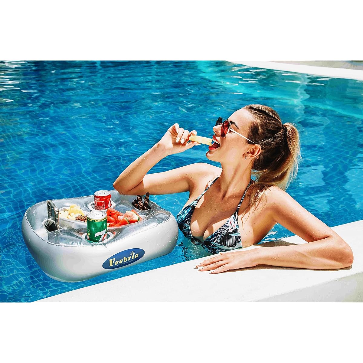 FEEBRIA Upgraded Pool Drink Holder Drink Float for Hot Tub Beach Party Decorations (Silver)