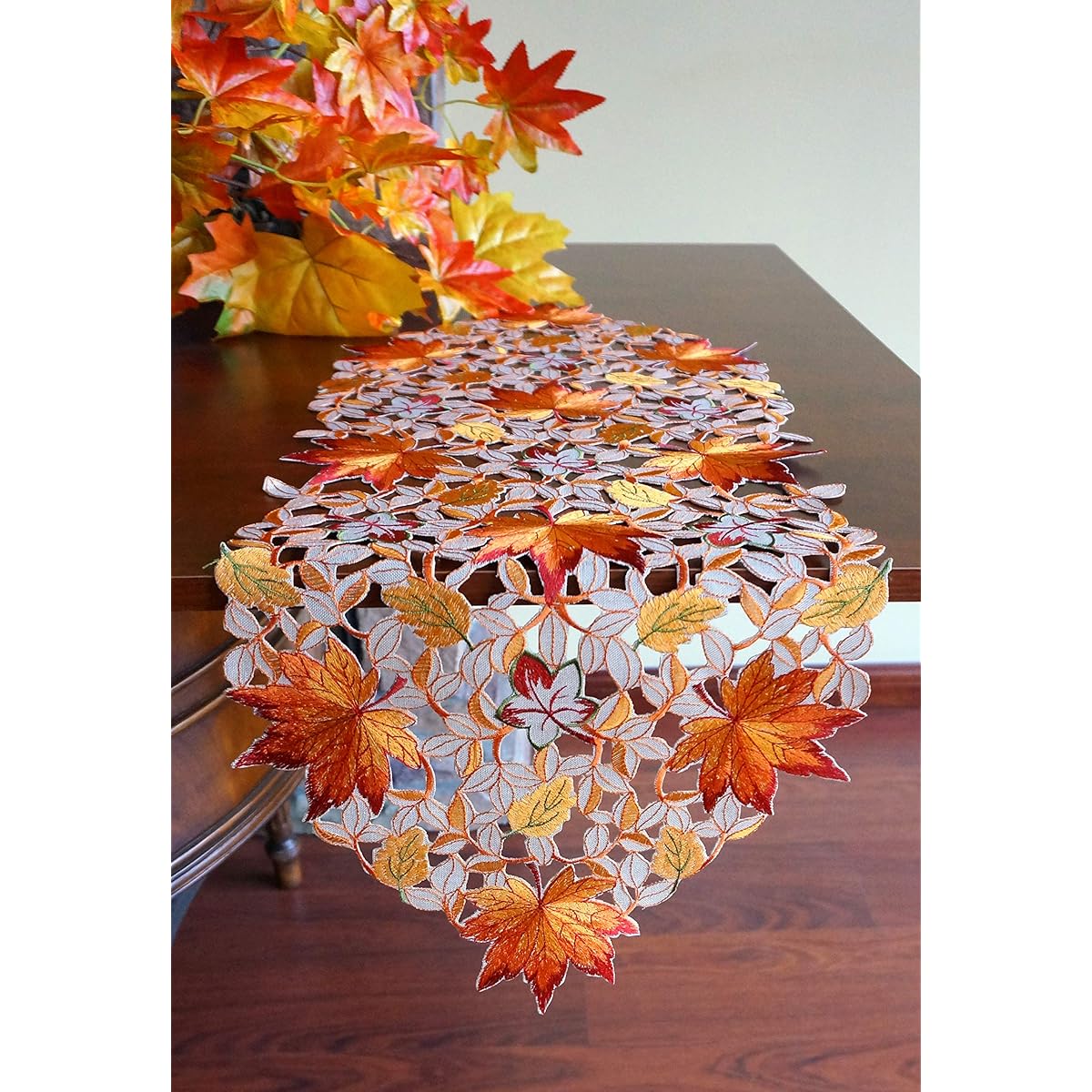Fall Thanksgiving Harvest Table Runner 13"x34" Fall Embroidery Cutwork Maple Leaf Dresser Scarf Table Cover Home Kitchen Fall Harvest Fall Decor