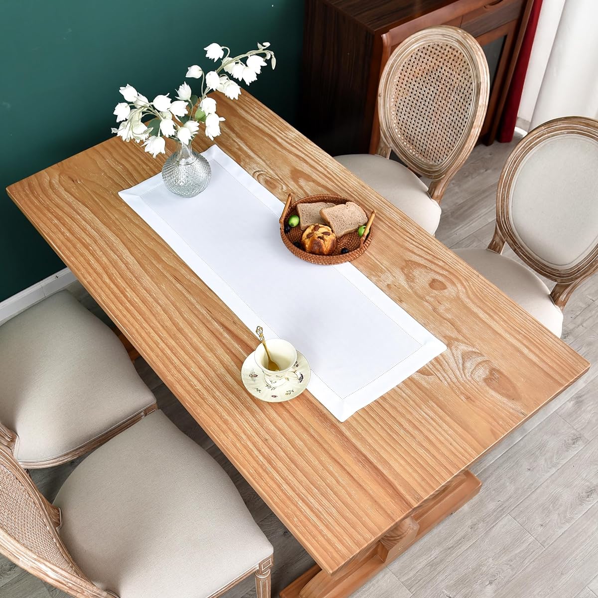 Farmhouse Hemstitch Border Table Runner Faux Linen Rustic Table Runner Plain White Rectangle Table Decoration for Dining/Coffee Table/Home/Kitchen Party 13x36 Inch