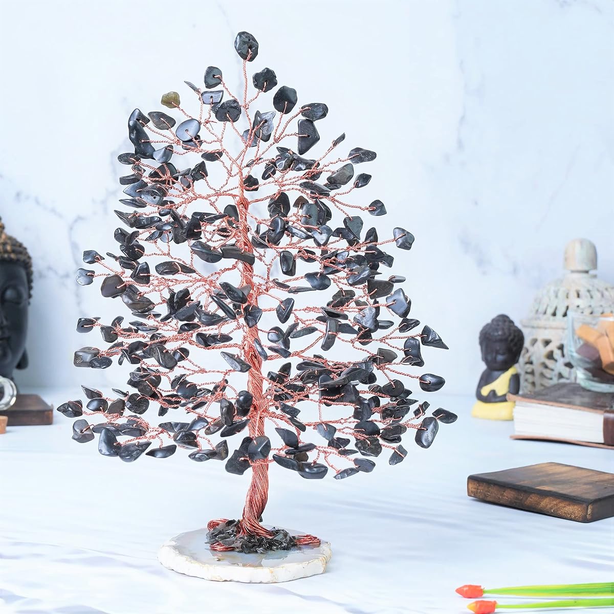 Crocon Black Tourmaline Gemstone Tree of Life - Geode Agate Slice Base, Positive Energy Crystal Tree, Chakra Tree, Feng Shui Decoration - Healing Stone, Money Bonsai, Home Decoration Crystal, Spiritual Gift