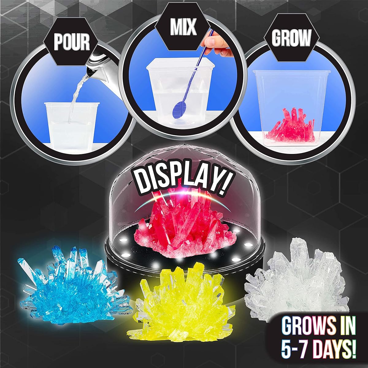 Creative Kids Science Kit for Kids Crystal Growing Kit + Light Up Display Dome - Make Your Own 4 Large Crystals DIY Educational Experiment STEM Birthday Craft Gift for Boys & Girls