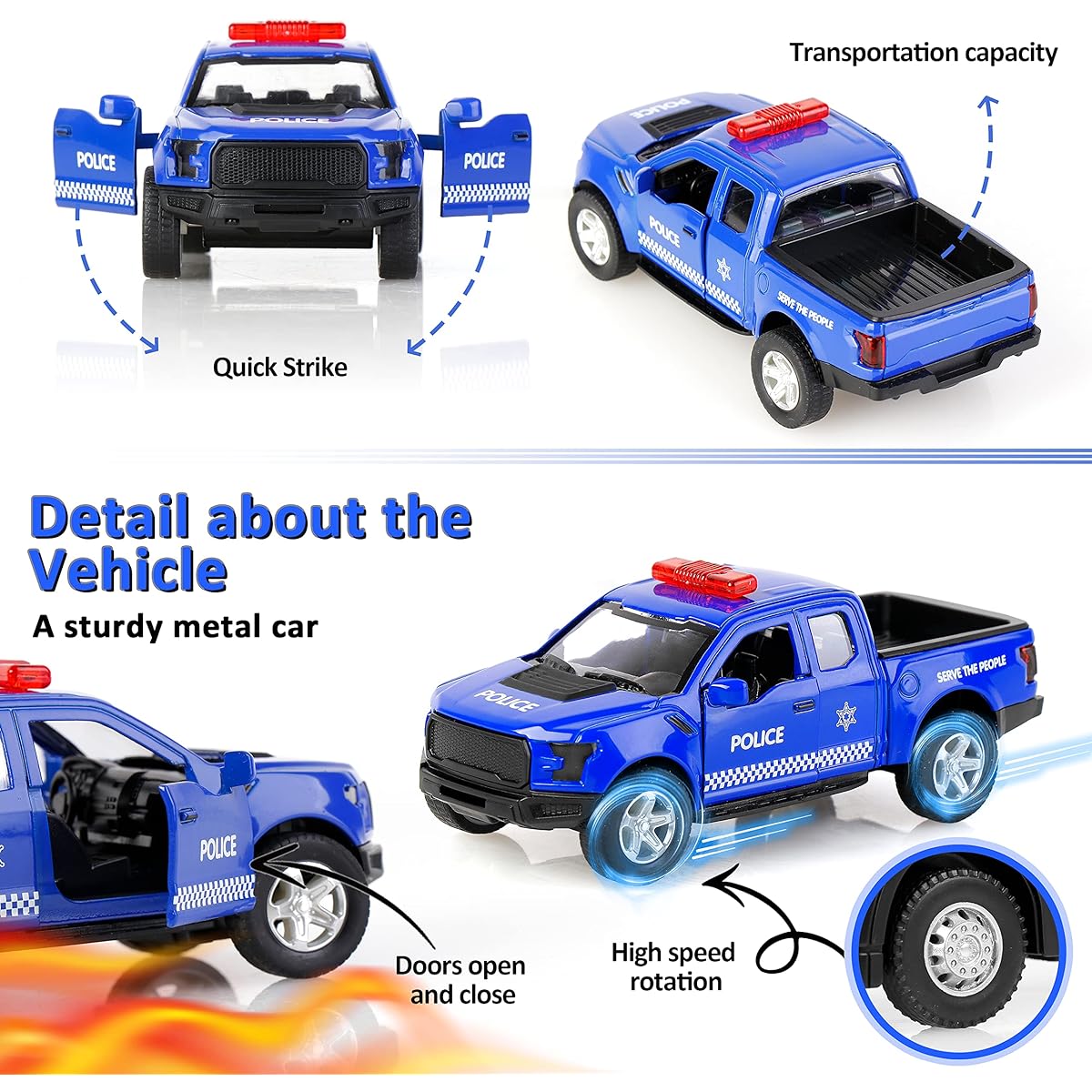 Otto Police Car Pull Back Metal Strong Car with Opening Doors Lights & Siren Interactive Kids Toy - For Boys & Girls Ages 3+