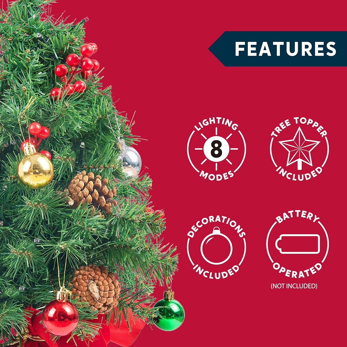 Joiedomi 24" Pre-lit Tabletop Christmas Tree with Warm Lights, Holly Berries and Pine Cones - Perfect for Decorating for the Holiday Season