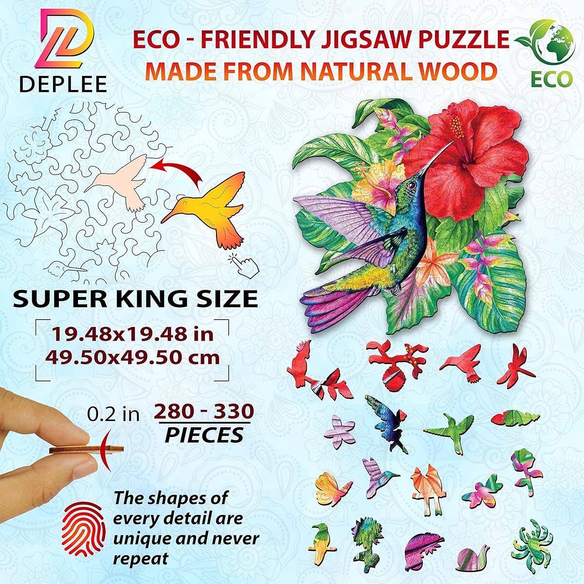 DEPLEE Wooden Puzzle for Adults Hummingbird Wooden Jigsaw Puzzle Unique Shape Wooden Animal Puzzle Creative Challenge for Adults/Family/Friends 435 Pieces 19.5x19.5 Inch Super King