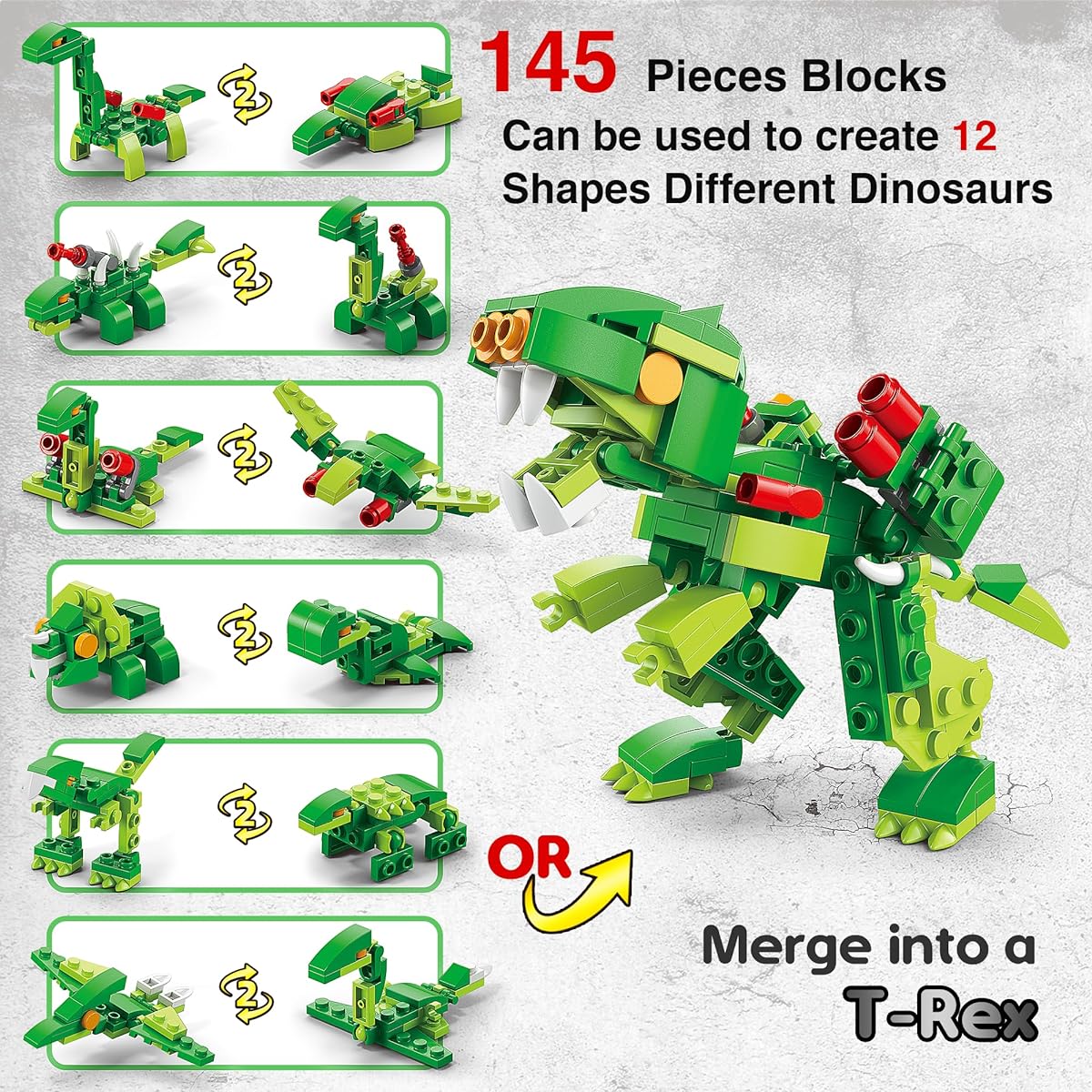 WATSABRO Dinosaur Building Blocks STEM Toy 6-in-1 T-REX Toy Set Assembly Kit Kids Boys Girls Gift