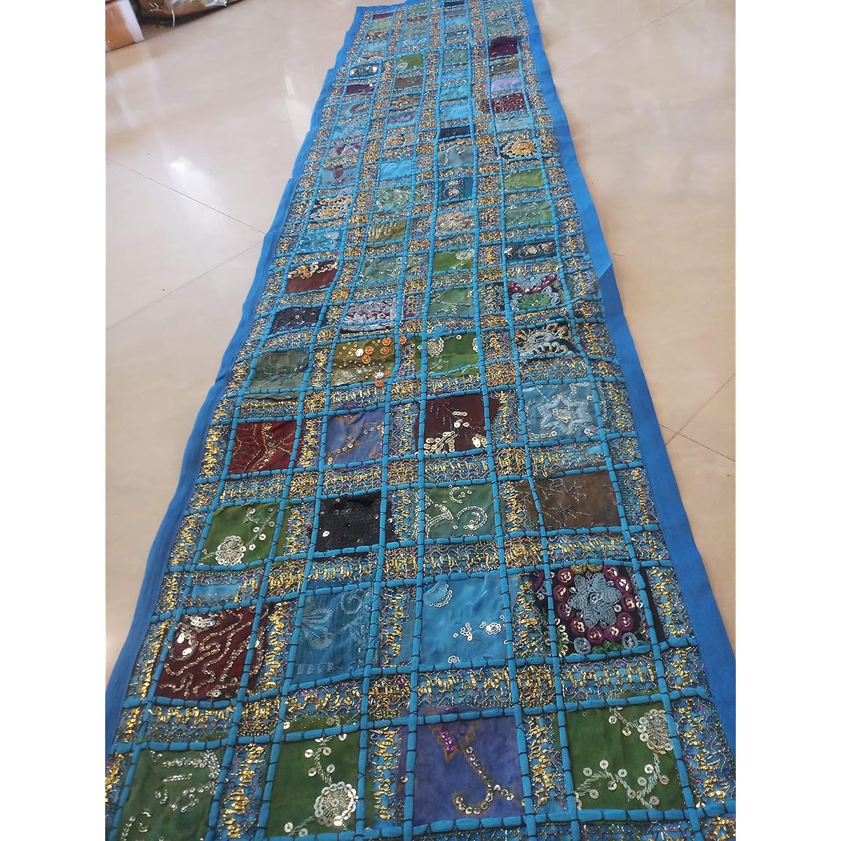JGARTS Patchwork Embroidered Table Runner - Indian Sequin Cotton Boho Bohemian Hippie Patchwork Runner Tapestry Wall Hanging - Indian Decor Tapestry Wedding Decor (16 x 72 Inch) (Turquoise)