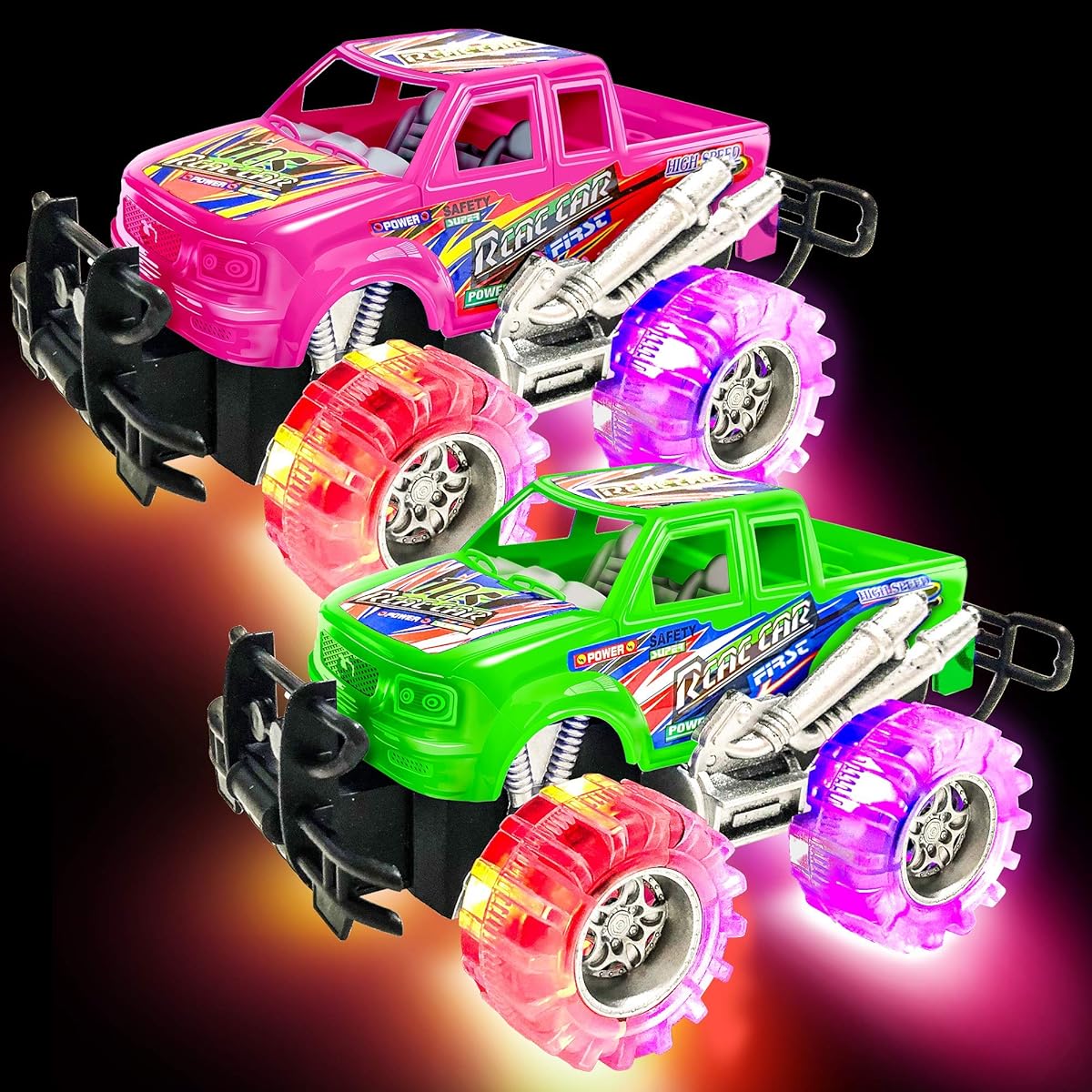 ArtCreativity Pink and Green Light Up Monster Truck Set for Boys and Girls - Set of 2 6" Monster Trucks with Beautiful Flashing LED Tires Push and Go Toy Cars - Great Gift for Kids, Ages 3+