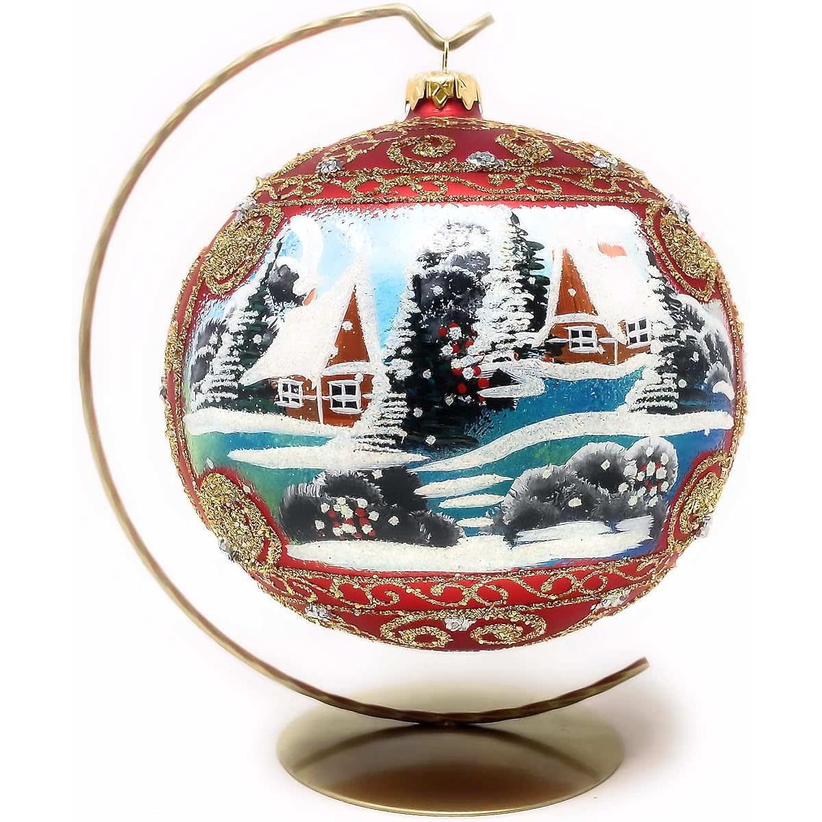 Polish Gallery Christmas Ornament, Winter Country Scene, Blown Glass Ball, 6" (Red Matte, 150mm)