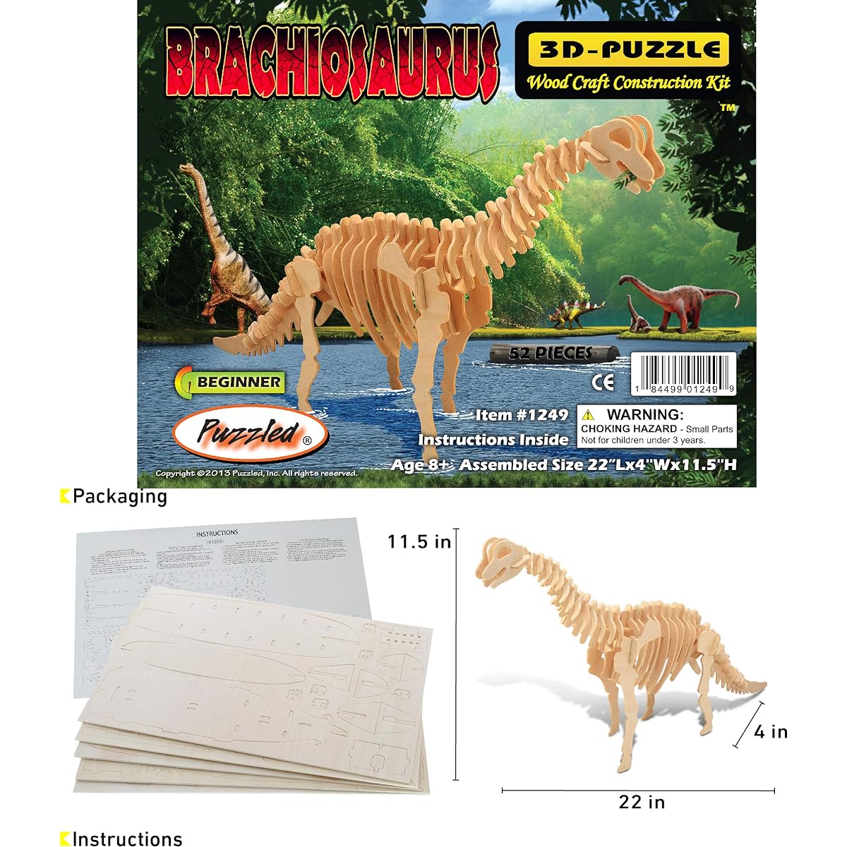 Puzzled 3D Puzzle Brachiosaurus Dinosaur Wood Craft Construction Model Kit Educational DIY Wooden Dinosaur Toys Assembly Model Unfinished Craft Hobby Puzzle 52 Pieces Pack