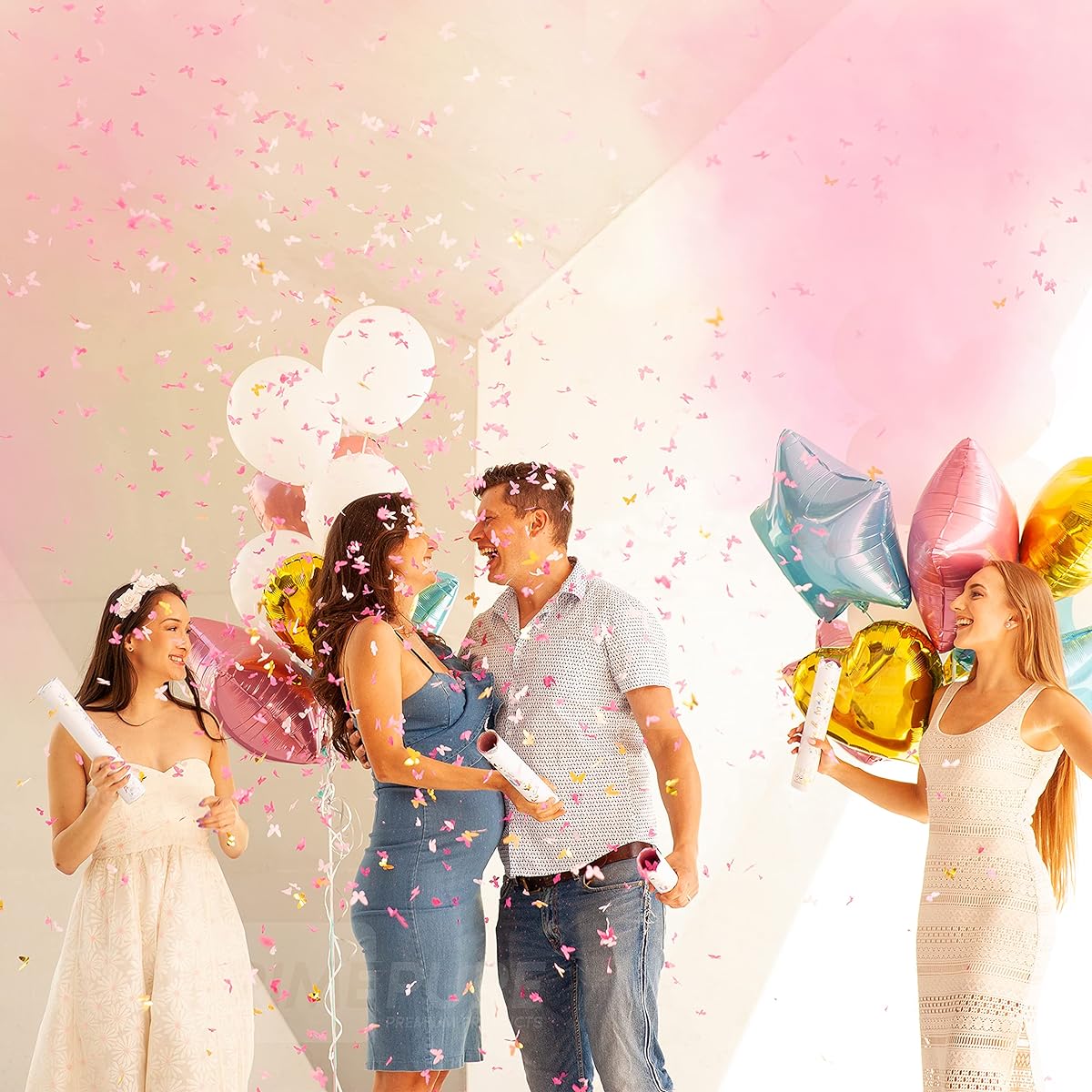 Gender Reveal Confetti Cannon 4 Pack (4 Pink) | Butterfly Confetti Poppers & Powder Gender Reveal Smoke Bombs | Baby Gender Reveal Ideas Celebration Party Fireworks Boys and Girls Color Sparkler Sticks