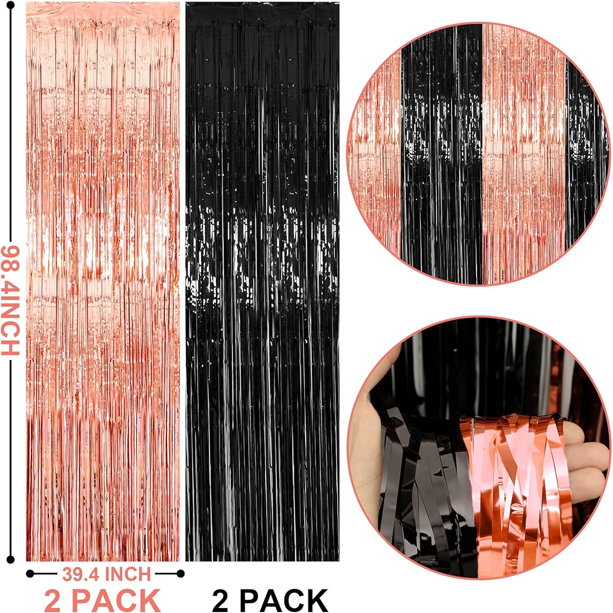 4 Pack 3.3ft x 8.5ft Rose Gold Black Tinsel Foil Fringe Curtains Graduation Party Decorations 2023 Rose Gold Black Graduation Party Decorations Graduation DIY Party Tinsel Photo Backdrop Decor