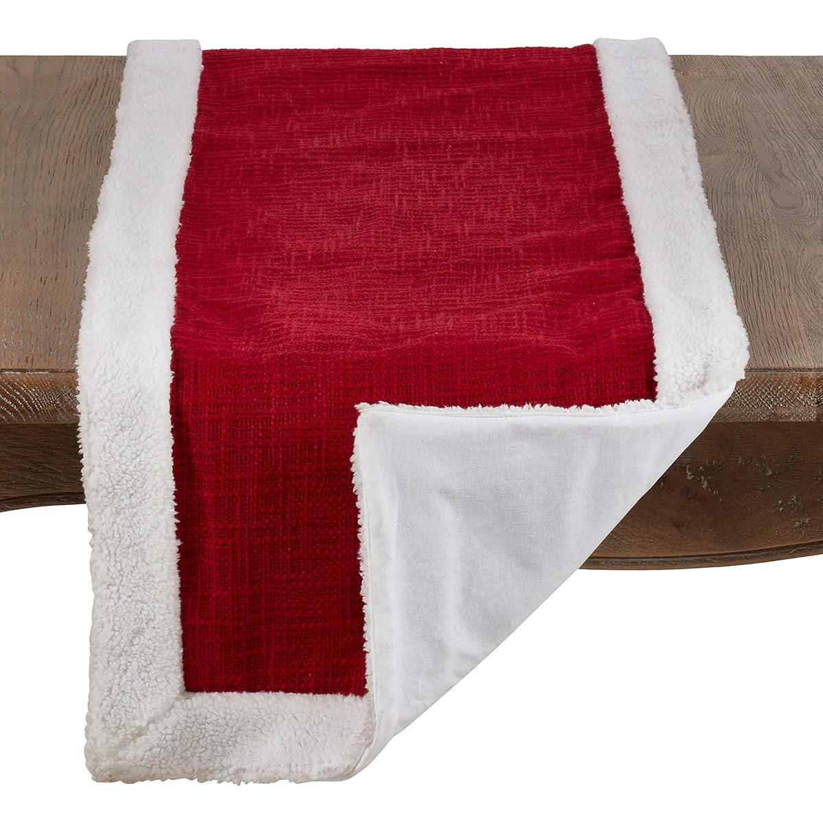 SARO LIFESTYLE St. Nicholas Collection Christmas Table Runner with White Sherpa Border, 16" x 108", Red