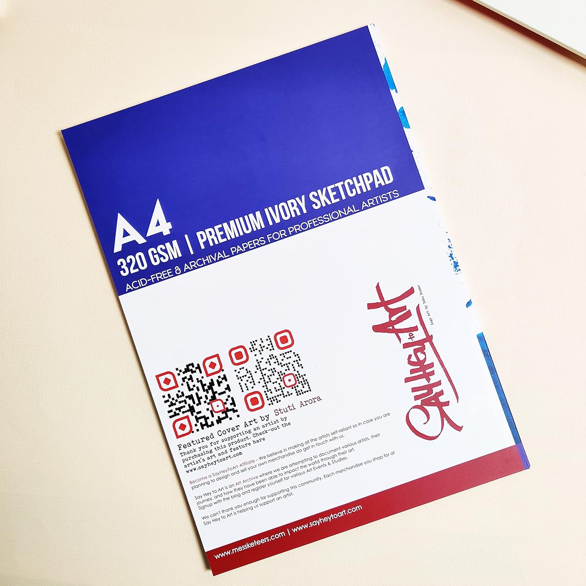 Messketeers - Say Hey to Art - A4 320gsm Premium Ivory Sketch Pad for All Media, Calligraphy Pens, Charcoal, Acrylic, Gouache, Watercolor, Fineliner, Zentangle / The CAT
