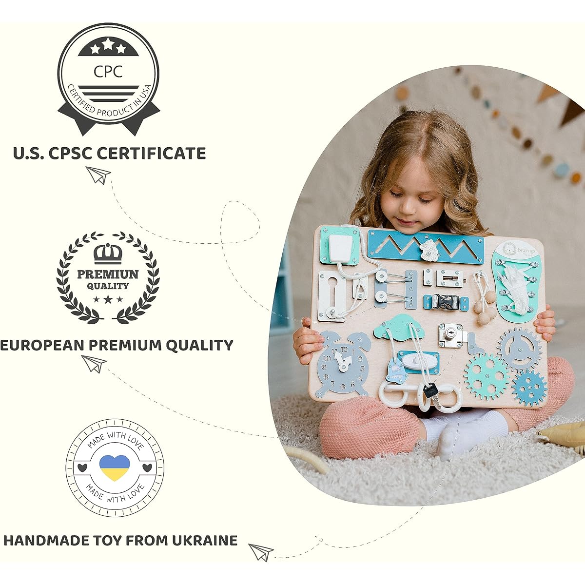 BrainUpToys Busy Board for Babies Great Birthday Gift for Boys Girls Baby Kids Nephew Niece Godson Goddaughter Learning Education Travel Activity Perception Mint Turquoise Blue