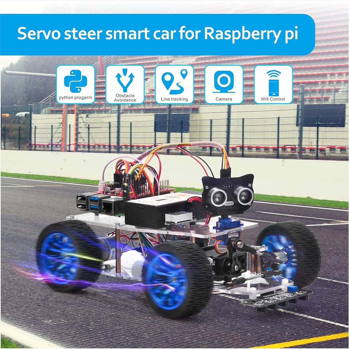 OSOYOO Servo Steering Smart Robot Car for Raspberry Pi Robot Car Kit with Camera Programming Electronic Craft Uses Python Code Learn Coding Easier and Faster Toys for Teens and Adults, for Raspberry Pi 4B/3B/3B+ (2 3.7V Batteries) is included)