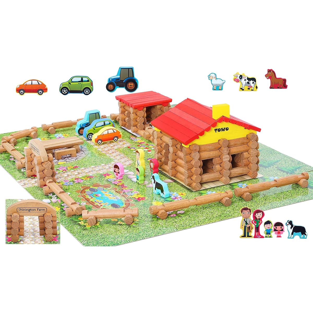 TOWO Shinington Wooden Farm Playset, Wooden Log House Set, Farmhouse Wooden Building Toy, 223 Pieces, Animal Farm, Wooden Building Toys for Ages 3, 4, 5, 6