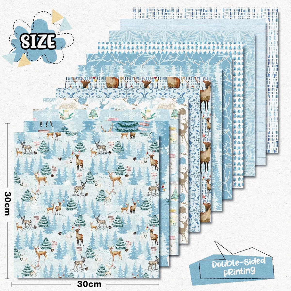 Whaline Christmas Pattern Paper Blue Reindeer Scrapbook Specialty Paper Winter Wonderland Double Sided Decorative Craft Paper for DIY Card Making Photo Album Decorative 11.8 x 11.8 Inch 24 Pieces