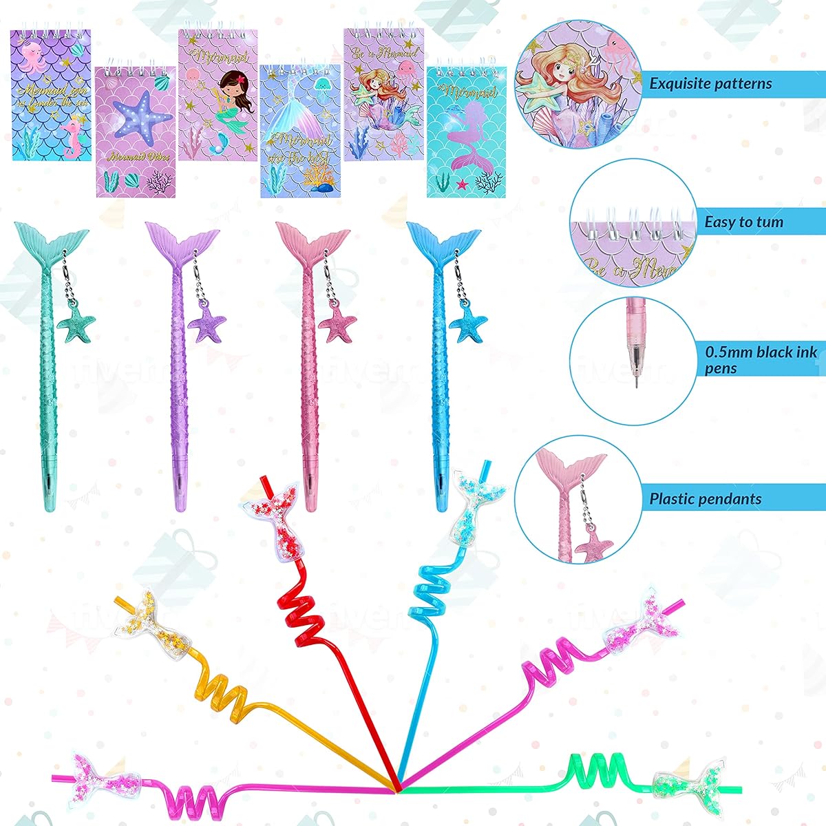 Empire Party Supply Mermaid Party Favors Set of 12 Mini Notebook Pens Cute Straws Girls Birthday Supplies Ocean Themed Party Gifts Classroom Treats