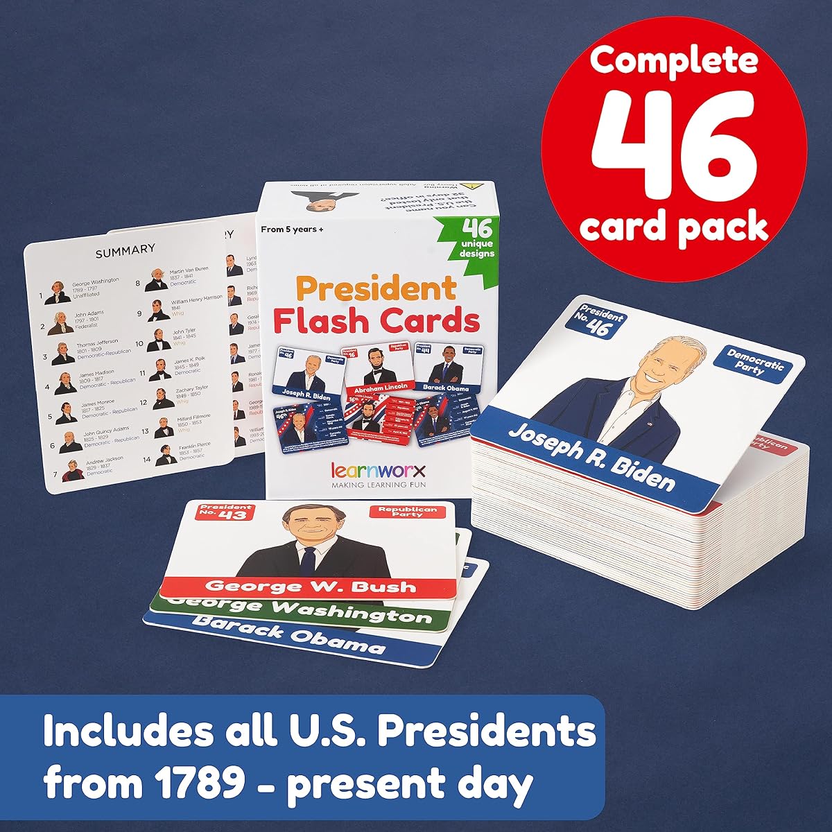 US Presidents for Kids Flash Cards – 46 President Cards – Learn American Presidents Newest Set with Joe Biden – Includes US Presidential Party and Vice President Facts – Gift – Ages 5/6/7/8/9/10
