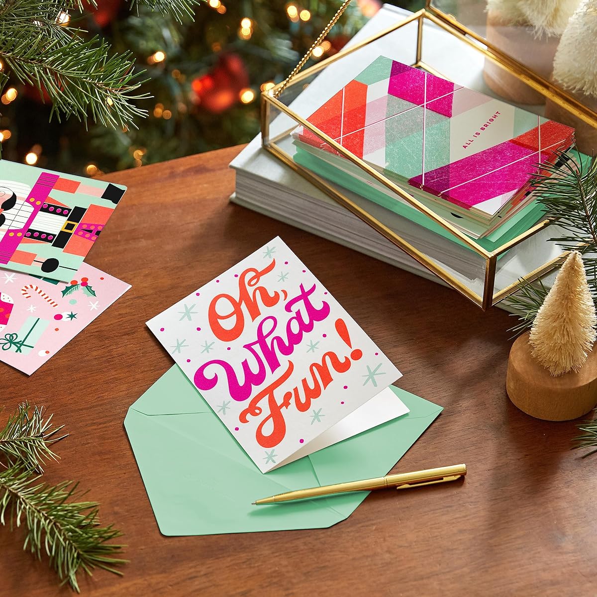 Hallmark Neon Christmas Card Assortment (24 Cards and Envelopes) Holiday Vibes Pink Red Mint Green Nutcracker