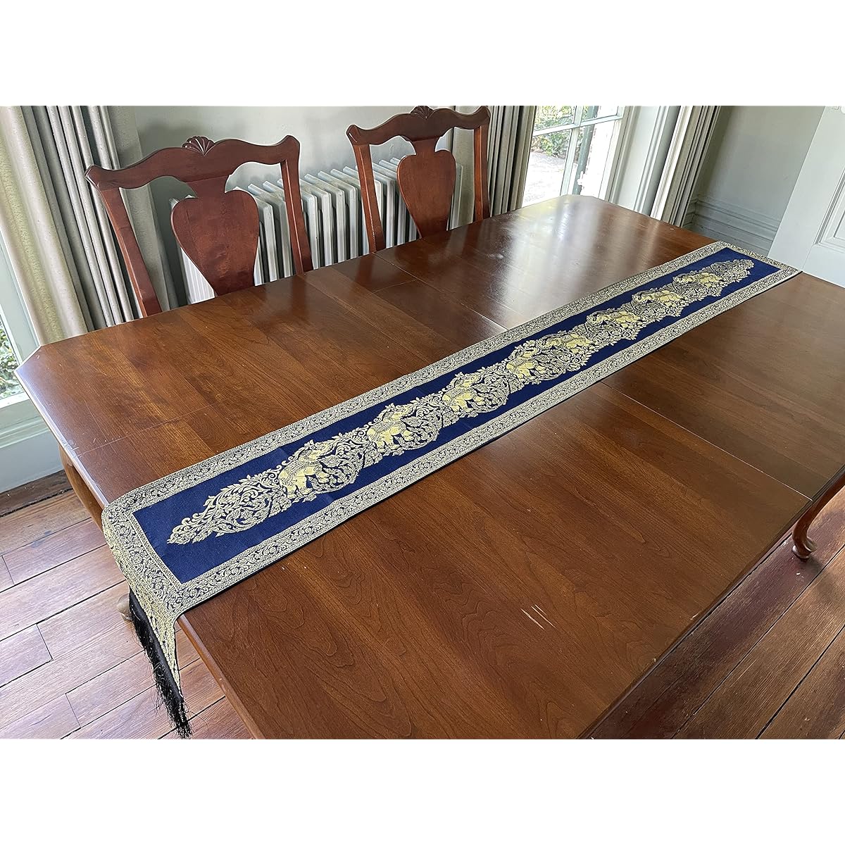 Thai Elephant Table Runner with Fringe Luxury Bed Scarf Polyester Embroidered Gold Brocade with Fringe Small 76x9 Inch Aqua Blue