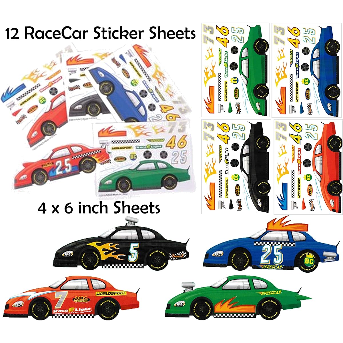 Sticker Sheets (4.5 x 6.5 inches) - Great for Kids Stocking Stuffers, Easter Basket Stuffers, Party Favors, Kids Travel Activities (24 Sticker Sheets, 12 Robots, 12 Race Cars)