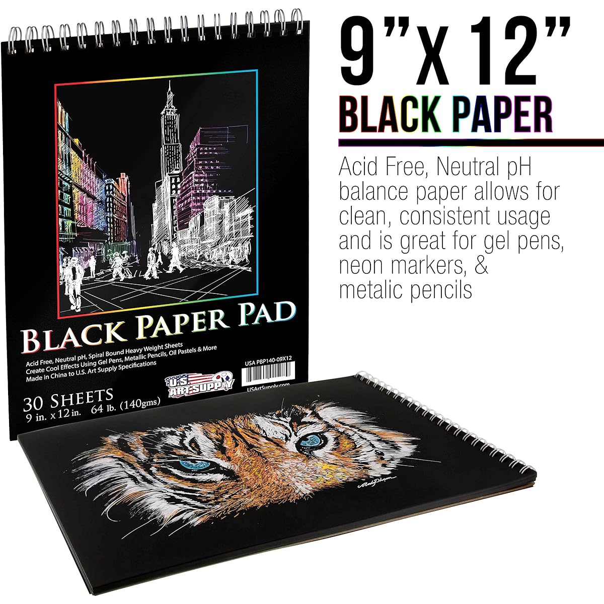 US Art Supply 9 in. x 12 in. Premium Black Heavyweight Paper Spiral Bound Sketch Pad, 140gsm, 64 Pound, 30 Sheets by US Art Supply