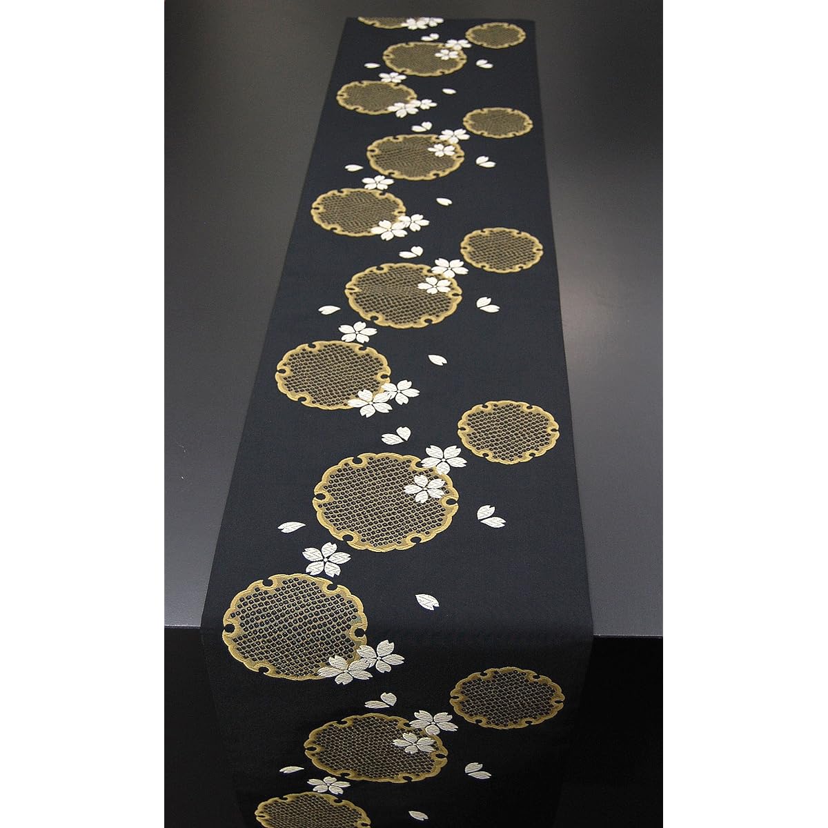 Japanese style kimono table runner, Japanese pattern, obi style, boxed and wrapped, 150cm, Yukiwa (black)