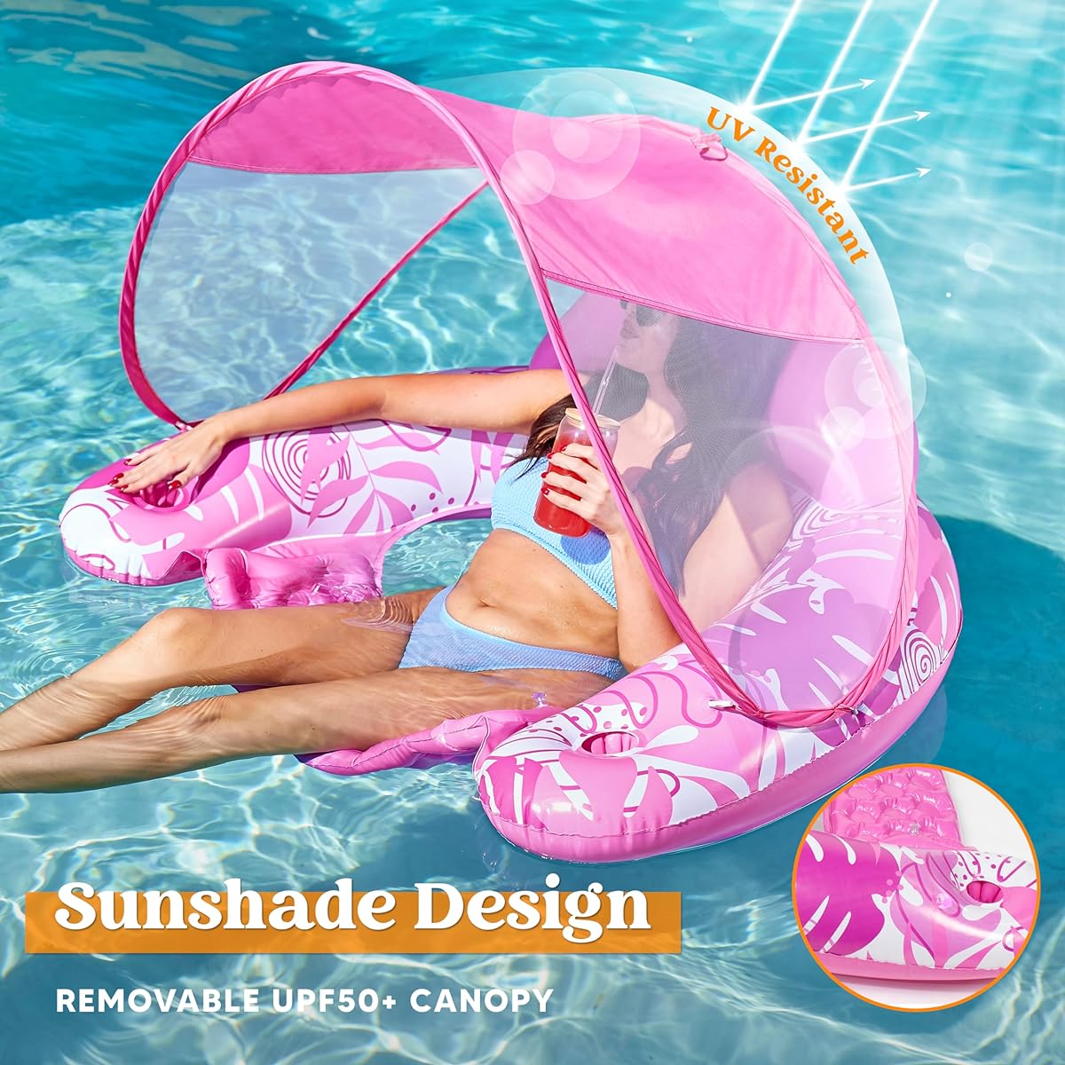 XL Tropical Leaf Inflatable Pool Chair with Canopy (Pink)