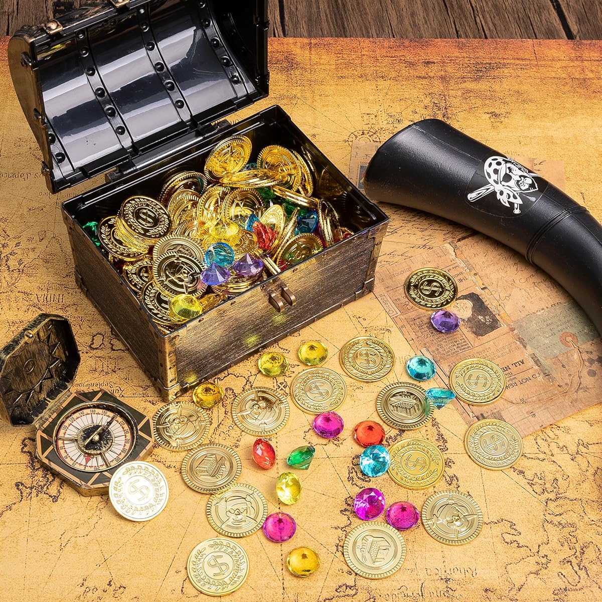 AiFanS Pirate Treasure Chest with 144 Gold Coins and 144 Gems Kids Adventure Game for Theme Party