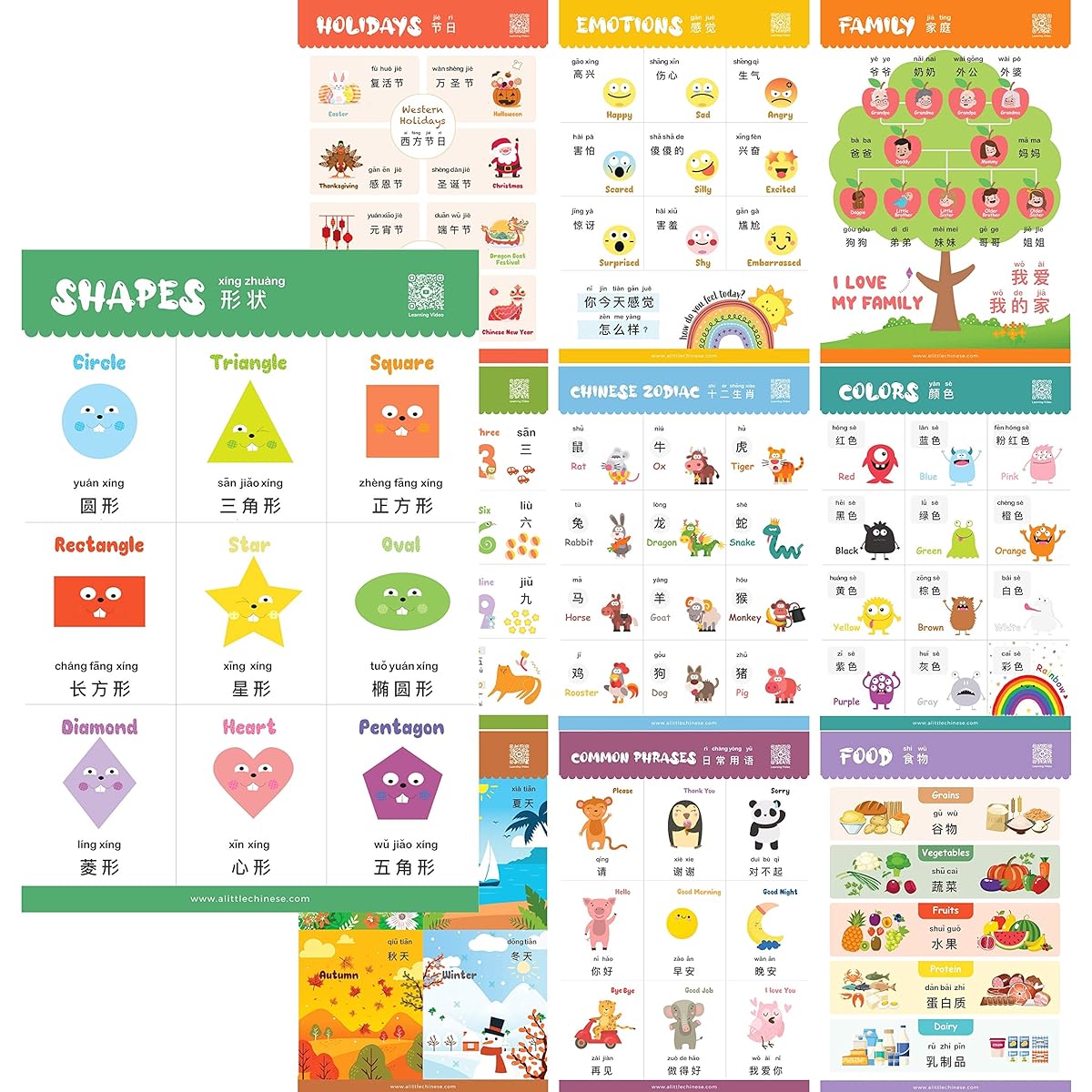 N/A/Chinese learning posters for kids set Chinese-English bilingual for kids, toddlers and preschoolers with learning videos featuring Simplified Chinese and Pinyin.