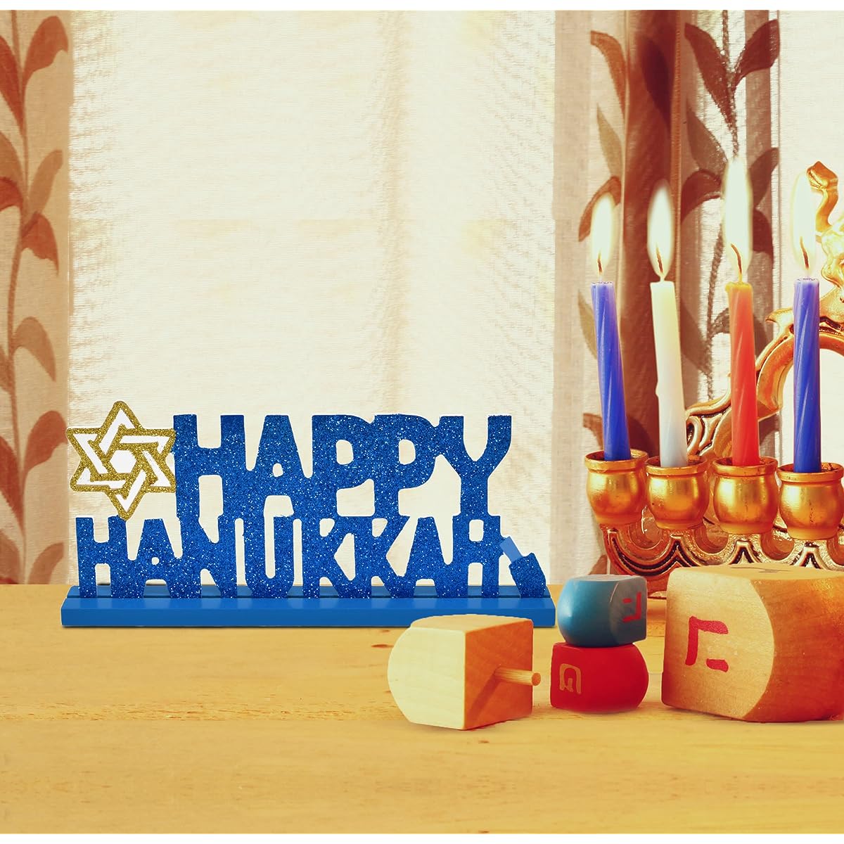 Happy Hanukkah Table Topper Decorations Set of 4 Menorah Star of David Festival Candle Centerpiece Wooden Sign Jewish Desk Shelf Display Holiday Home Party Supplies Decorations