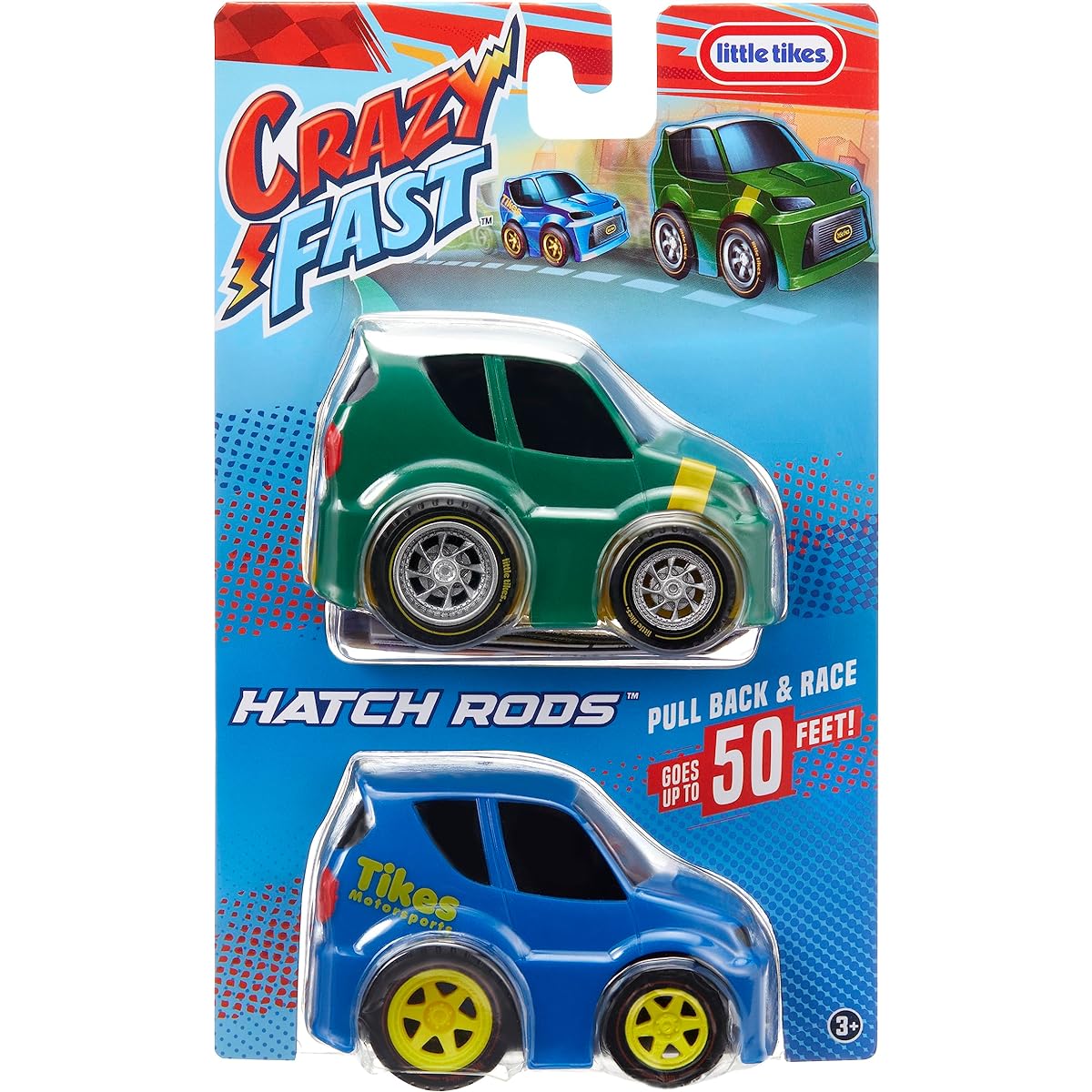 Little Tikes Crazy Fast Cars Hatch Rods 2 Pack Hatchback Car Theme Pull Back Toy Vehicles Up to 50 Feet