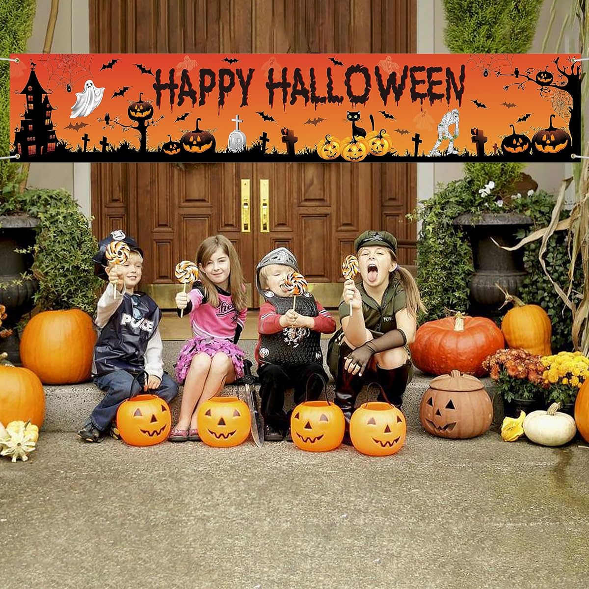 Lucleag Happy Halloween Banner 118.1 x 19.6 Inch Large Black Cat Ghost Pumpkin Banner Halloween Outdoor Fence Decoration Trick or Treat Banner Photography Backdrop Halloween Party Supplies