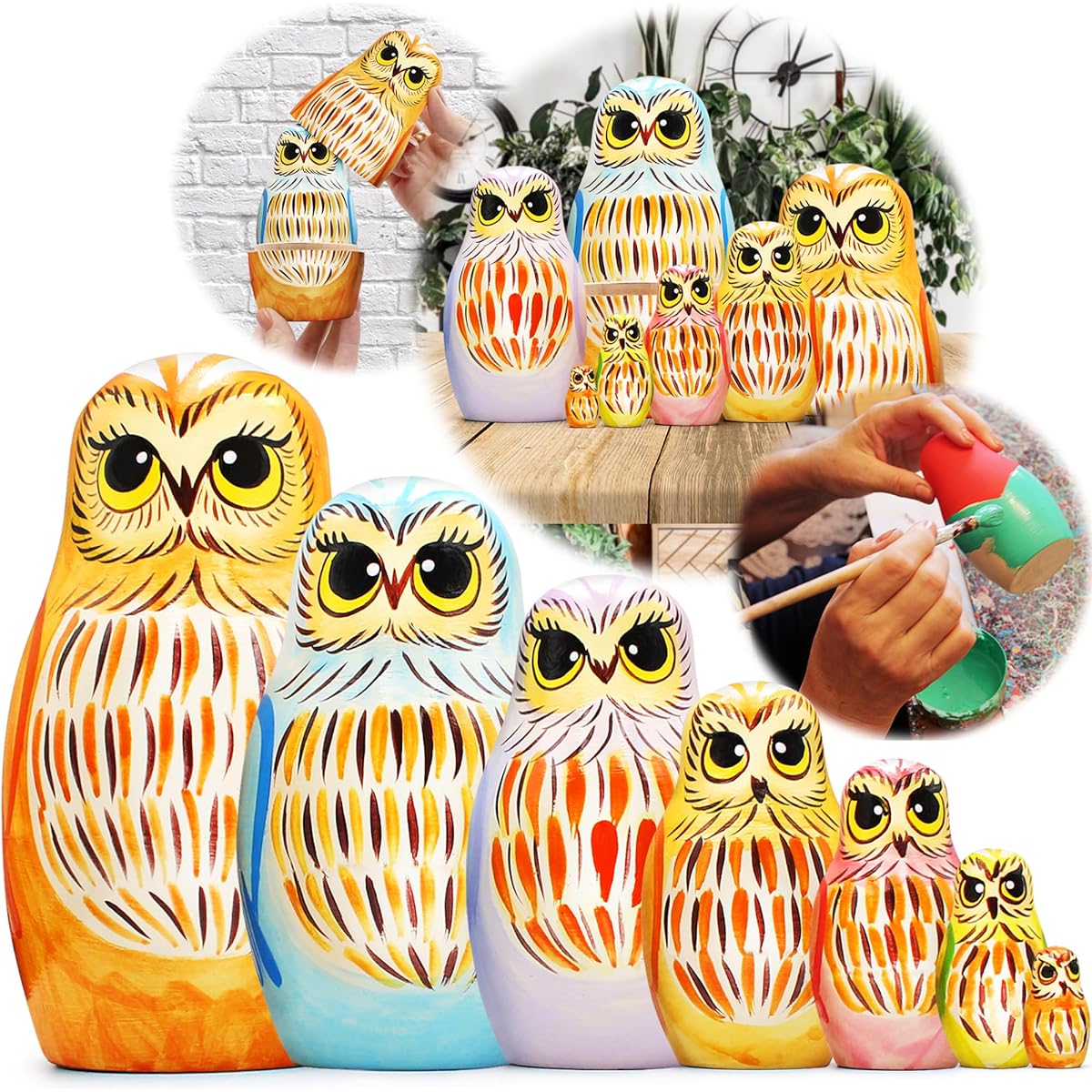 AEVVV 7 Piece Owl Nesting Dolls Set - Owl Decor - Owl Figurines - Owl Gifts for Owl Lovers