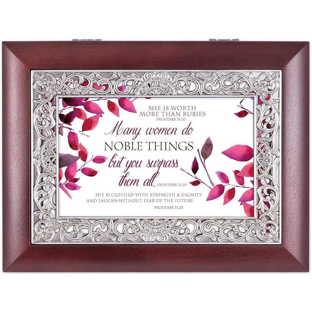 Proverbs 31 Woman Leaves Ornate Rosewood Jewelry Music Box Plays Wonderful World
