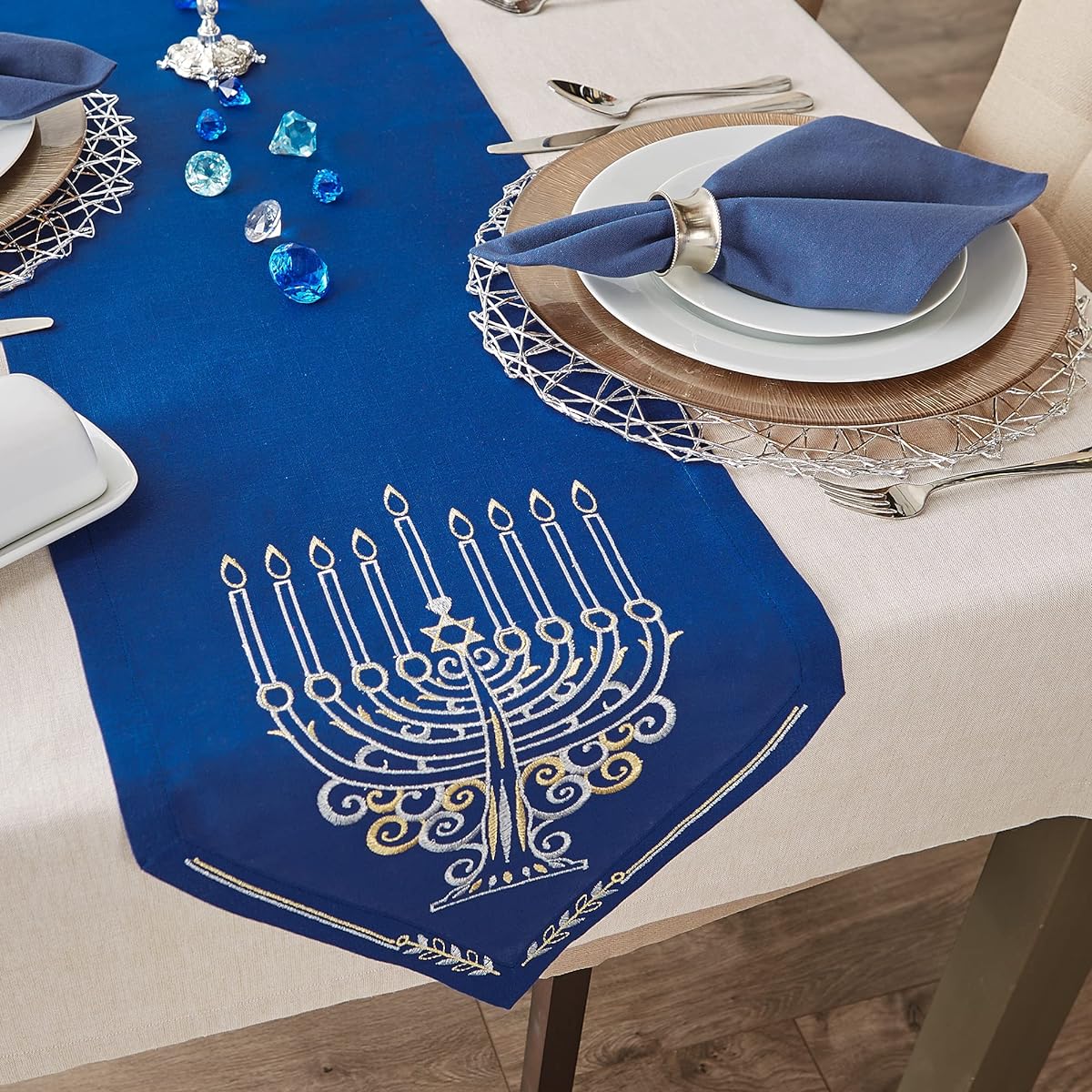 DII Hanukkah Tabletop Decoration Festival of Lights Celebration Décor, Table Runner, 14x108, Embroidered Menorah