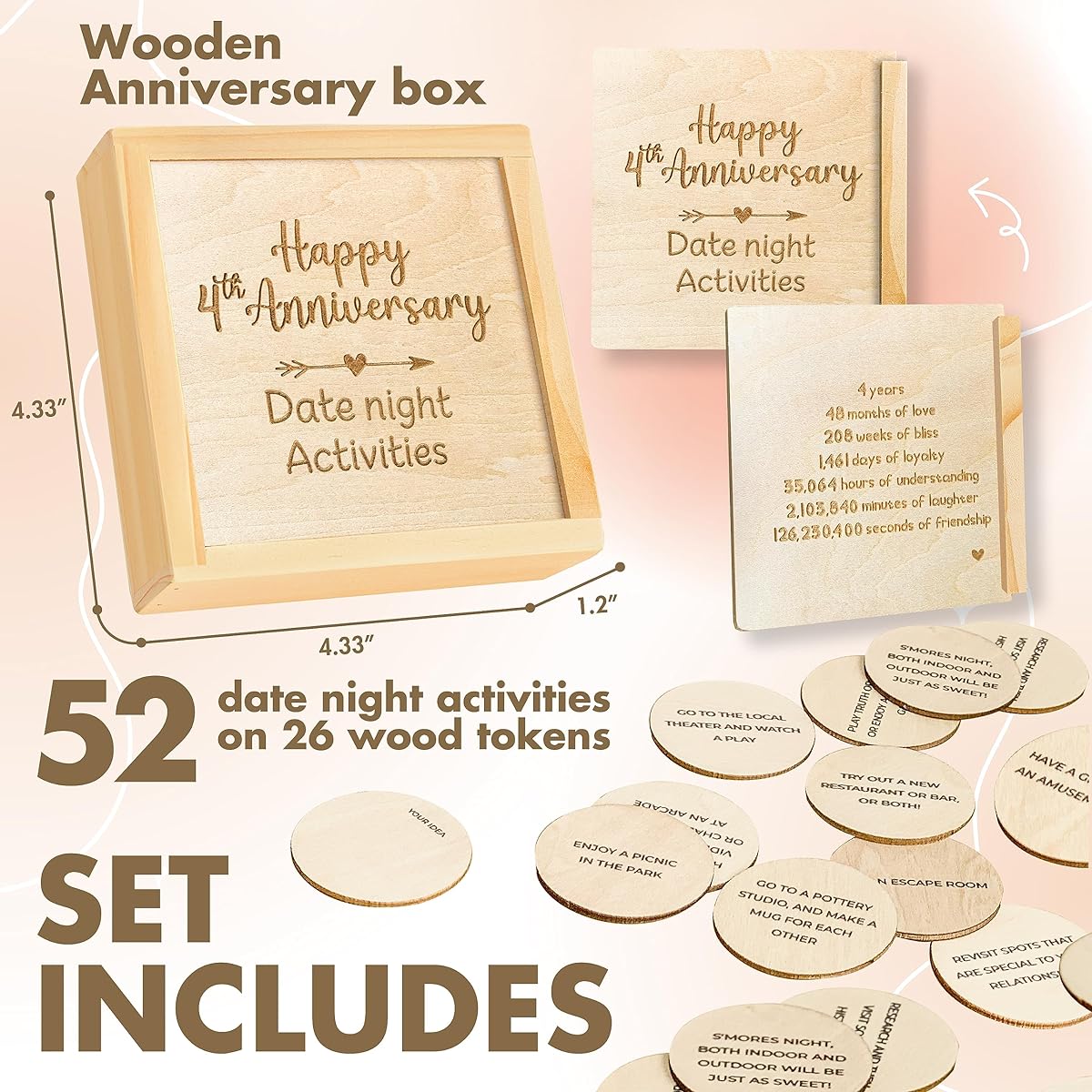 STOFINITY 4th Anniversary Wooden Gifts, Wooden Date Night Dice for Her, Gifts for Him, Happy 4th Anniversary Wooden Box, Couples Gifts