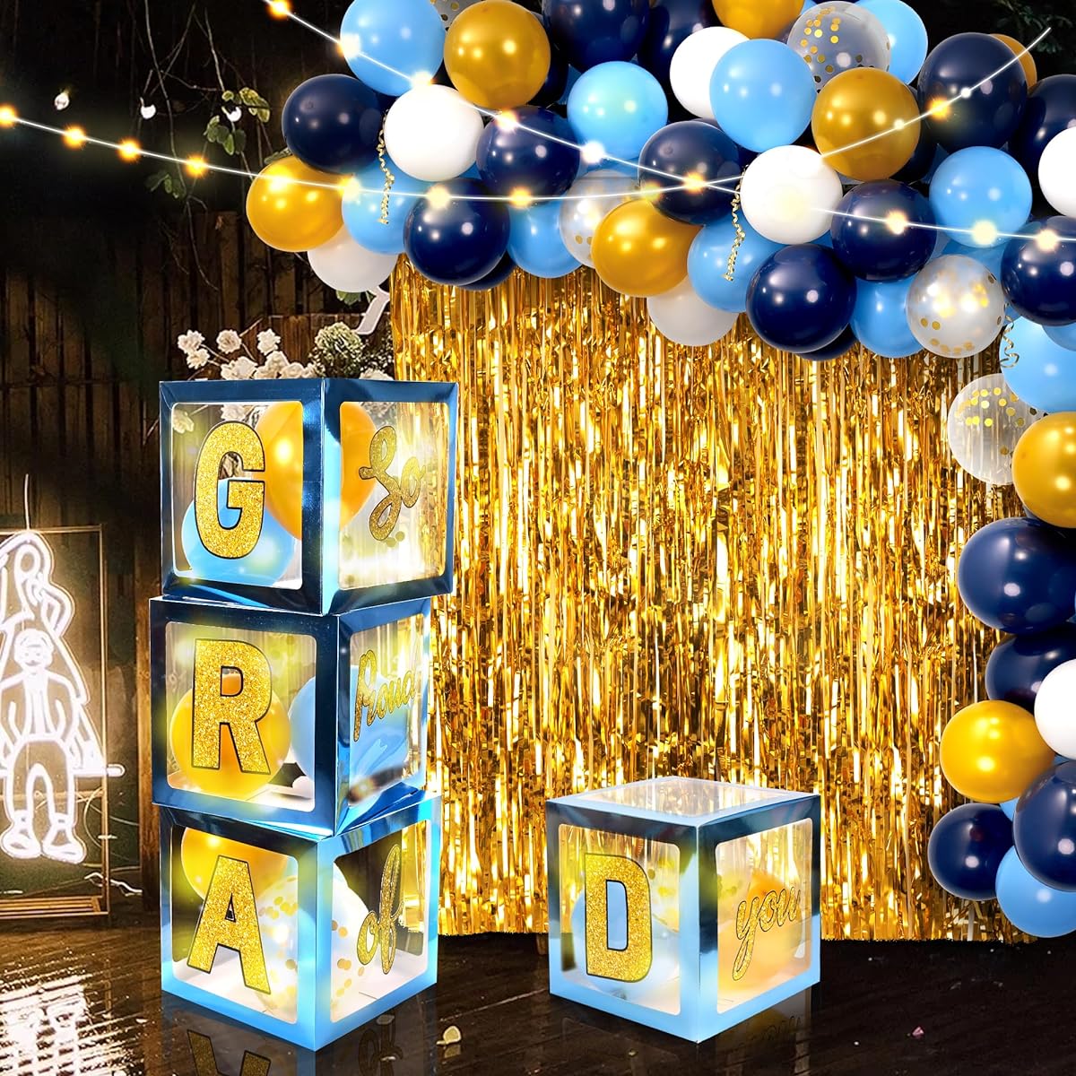 COAMZPARTY 2024 Graduation Party Decorations, 83pcs Graduation Party Supplies with 4 Graduation Balloon Boxes with Letters, 2 Red Foil Curtain Balloons, Garland Kit, 2024 Graduation Decorations (Blue)