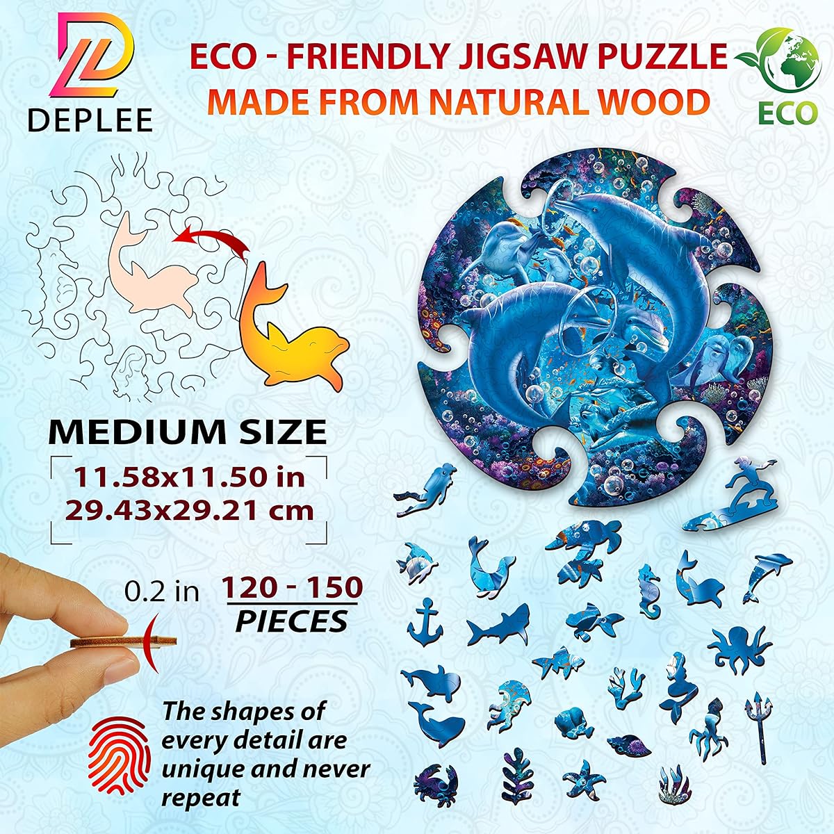 DEPLEE Wooden Puzzles for Adults - Dolphins Under the Sea Wooden Jigsaw Puzzle - Unique Shape Wooden Animal Puzzle Creative Challenge for Adults/Family/Friends | 219 Pieces – 11.6x11.5 Inch | Medium Size