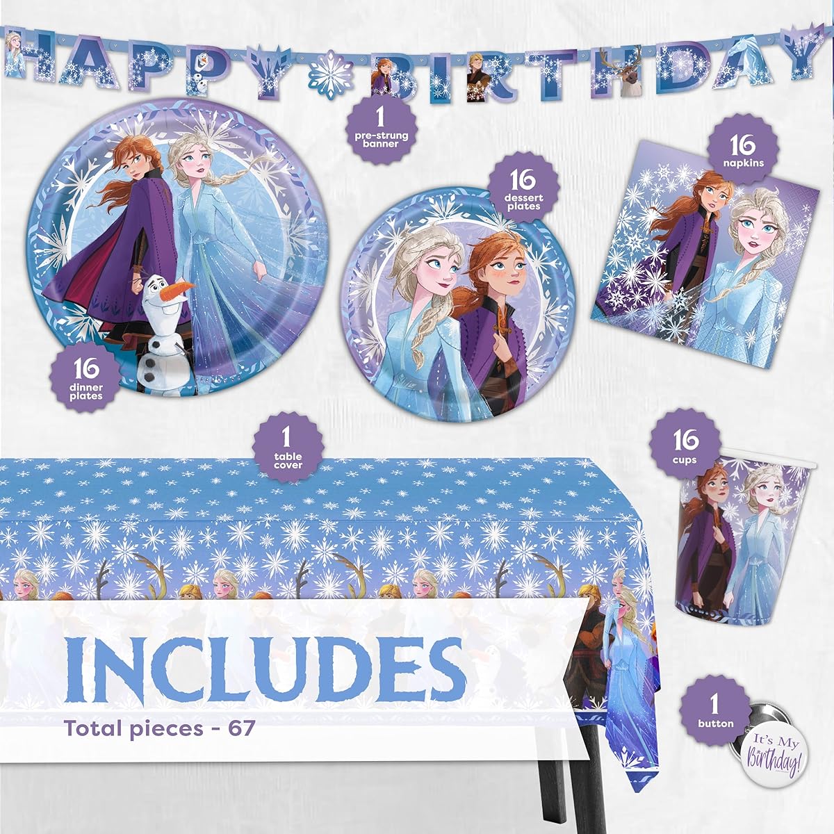 Frozen 2 Themed Birthday Party Supplies Pack - Serves 16 Guests - Banner Decorations, Table Cover, Dinner & Cake Plates, Cups, Napkins, Buttons